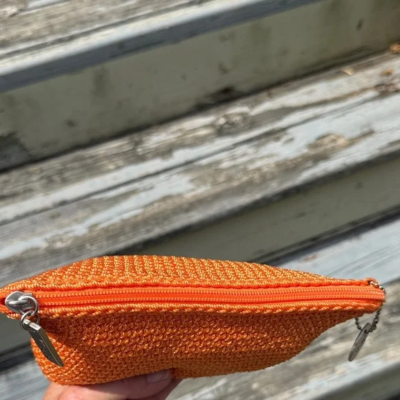 The Sak Bright Orange woven crochet Clutch case cosmetic makeup bag boho purse - Picture 6 of 9
